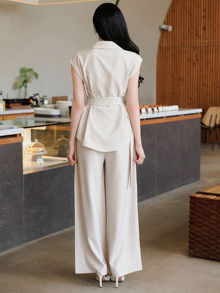 Women's Loose Casual Sleeveless Crop Top And Straight Leg Pants 2 Pieces Set, Spring/Summer