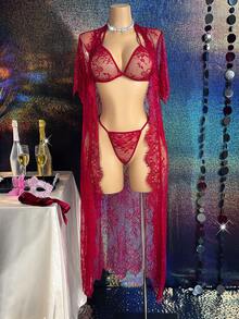 4pcs Sexy Lace Short Sleeve Lingerie Set - Burgundy - View 5