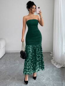 SHEIN Franclia 优雅奢华花卉撞色网纱褶皱腰身修身无肩带纯色性感晚礼服，女士 - 墨綠色 - View 4