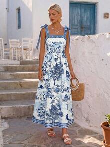 Vivid Eden Woven Printed Spaghetti Strap Dress For Women - Blue and White - View 6