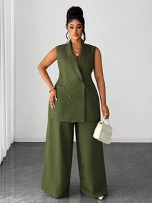Maweii Setelan Jas Wanita Ukuran Besar Kasual Elegan dengan Kancing dan Celana Panjang Lebar, Cocok untuk Kantor/Perjalanan, Musim Gugur/Musim Dingin - Dark Green - View 3