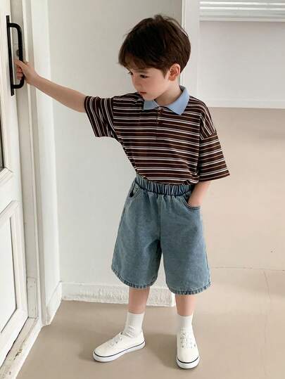 DAZY Áo thun tay ngắn cổ polo kẻ sọc dáng rộng cho bé trai
