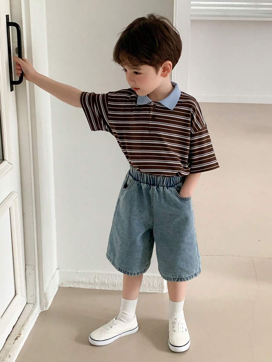 DAZY Áo thun tay ngắn cổ polo kẻ sọc dáng rộng cho bé trai - màu nâu - Xem 1