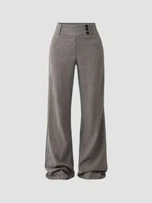Flirla Tall Pantalones casuales rectos y sueltos con diseño de botones en la cintura para mujer - Gris Claro - Ver 1