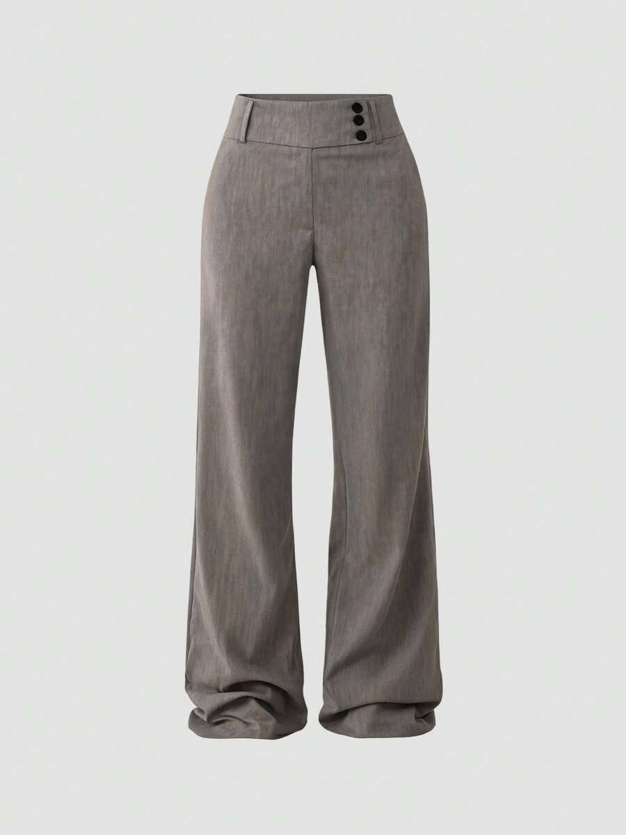 Flirla Tall Pantalones casuales rectos y sueltos con diseño de botones en la cintura para mujer - Gris Claro - Ver 1