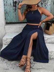 Freevana Plus Size Summer Boho Navy Blue Holiday Vacation 2 Pieces Set, Women's Polka Dot Strappy Off-Shoulder Cropped Top&High Slit Skirt Brunch Outfits Dresses - Royal Blue - View 3