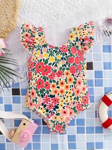SHEIN Babygirl Fitted Casual Minimalist Comfortable Round Neck Backside Bow Decor Swimsuit - Multicolor - View 2