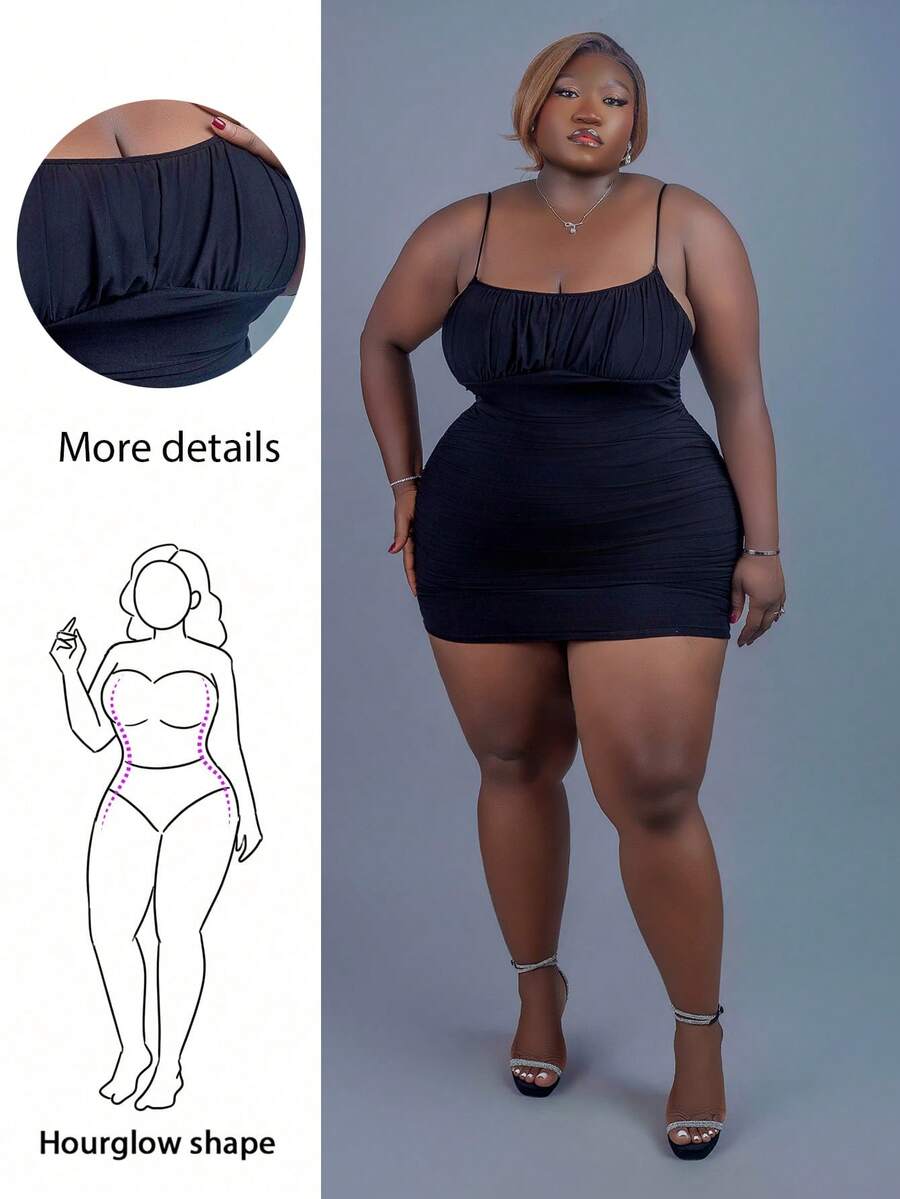 CurvyTilda Plus Size Women's Summer Sexy Black Knitted Mesh Bodycon Mini Dress With Spaghetti Straps Dress, For Hourglass Body Shape - Black - View 1