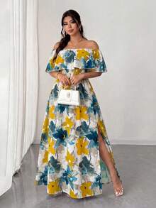 Elenzga Maxikleid in Große Größen für Damen, Frühling/Sommer Neuheit mit Blume Muster, Off-Shoulder Rüschensaum, romantisch sexy mit geraffter Taille. Geeignet für romantische Urlaubsreisen, Dates, Reisen, städtische Ausflüge, Musikfestivals und romantische Anlässe. - Verschiedenfarbig - Übersicht 1