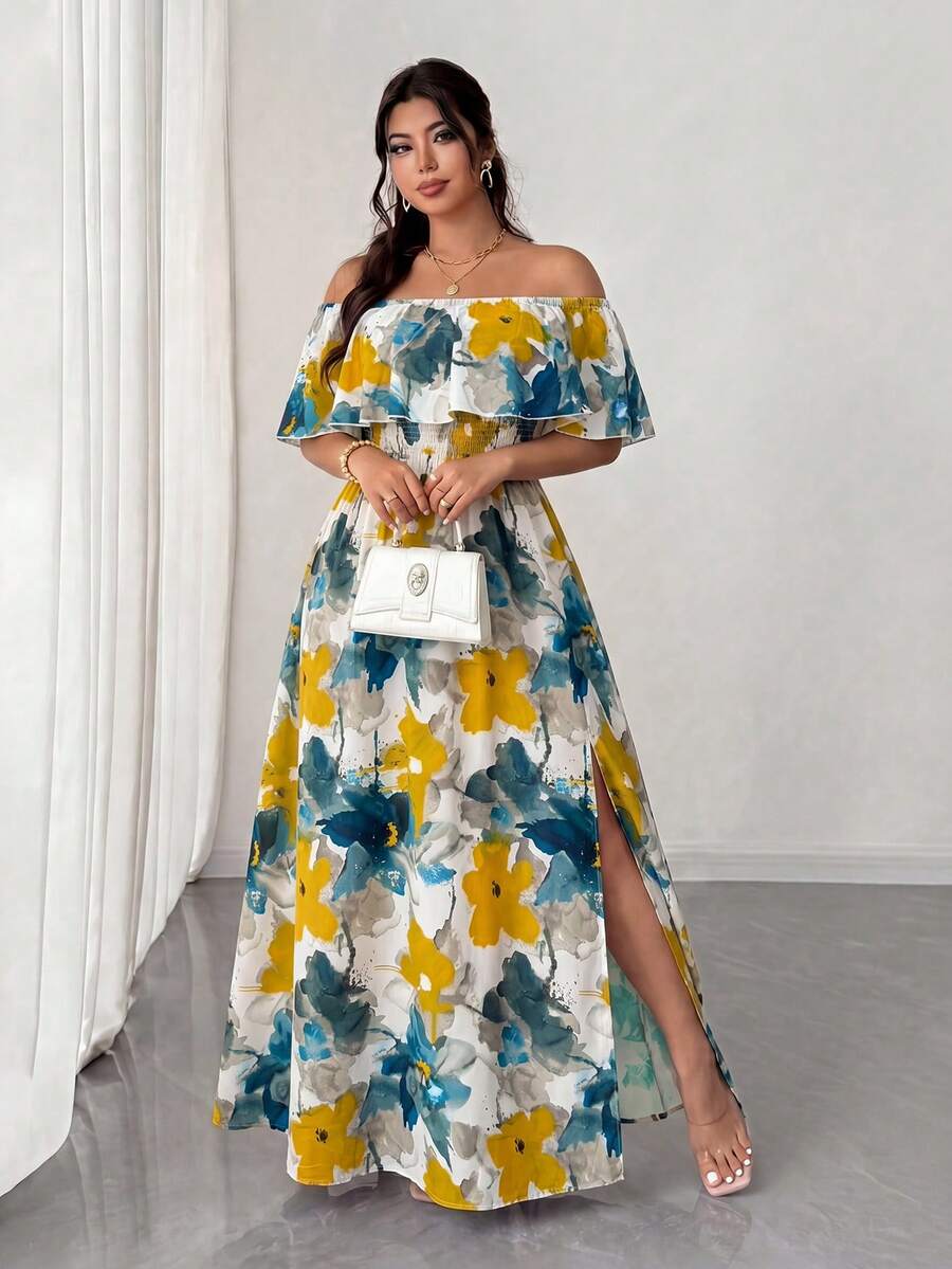 Elenzga Maxikleid in Große Größen für Damen, Frühling/Sommer Neuheit mit Blume Muster, Off-Shoulder Rüschensaum, romantisch sexy mit geraffter Taille. Geeignet für romantische Urlaubsreisen, Dates, Reisen, städtische Ausflüge, Musikfestivals und romantische Anlässe. - Verschiedenfarbig - Übersicht 1