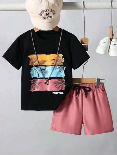 SHEIN Streecool Kids 男童热带椰树印花短袖T恤和短裤套装，休闲度假及日常穿着