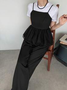 FRIFUL 女士夏季纯色拼接透视网纱吊带背心和直筒裤两件套 - 黑色 - 查看 3