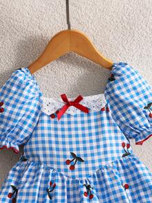 SHEIN Elladie kids 1pc Girls' Summer New Off-Shoulder Puff Sleeve Ruffle Trim Bow Tie Waist Plaid A-Line Cute Sweet Princess Dress - Blue and White - View 7