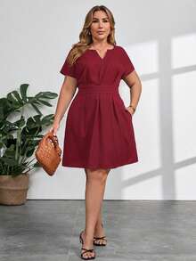 Clasi Vestido de verano elegante para mujer de talla grande con cuello con muesca y lazo en la cintura, vestidos de verano para mujer, vestido negro, vestido de graduación, vestidos fo - Burdeos - Ver 5