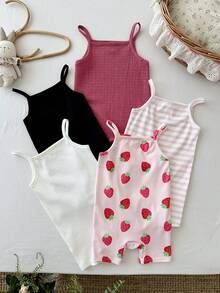 SHEIN Bộ 5 món áo liền quần dệt kim màu trơn kẻ sọc họa tiết dâu tây cho bé gái - Nhiều màu - Xem 1