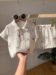 SHEIN 2pcs Baby Boy Summer Vacation Casual Cute Palm Tree Pattern Short Sleeve Loose Shirt&Elastic Waist Shorts Set,Outfit,Crepe Fabric - Multicolor - View 7