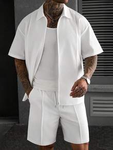 Manfinity CasualCool 男士纯色拉链短袖衬衫短裤休闲套装，送给男友或老公的理想礼物，适合日常穿着 - 白色 - 查看 4