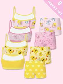 LOONEY TUNES X SHEIN GraphicGems 8pcs/Set Girls Cute Animal Print Camisole And Briefs Underwear Set, Comfortable Outfit Autumn Fall - Multicolor - View 2