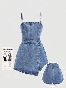 Đầm mini denim hai dây SHEIN PETITE dành cho nữ, kiểu dáng thường ngày và thoải mái cho mùa hè. - Rửa trung bình - Xem 1