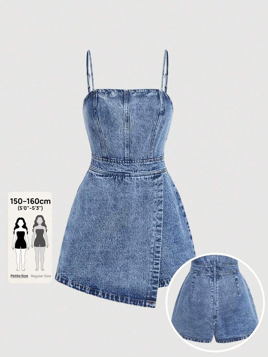 Đầm mini denim hai dây SHEIN PETITE dành cho nữ, kiểu dáng thường ngày và thoải mái cho mùa hè. - Rửa trung bình - Xem 1