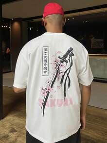 Ngobest Haus Ngobest Haus 男士休闲武士刀樱花图案印花白色轻薄宽松涤纶圆领T恤 - 白色 - 查看 3