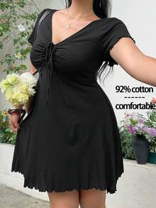 SHEIN EZwear 大码纯色V领褶皱休闲短袖连衣裙，夏季 - 黑色 - 查看 1