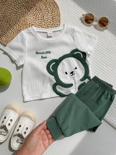 SHEIN 2 piezas Conjunto de camiseta de manga corta y pantalones casuales y lindos con patrón bordado de oso unisex para bebé niño/niña, conjunto de ropa para bebé niño, ropa de verano para bebé niño