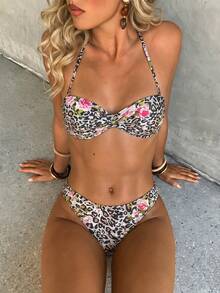 SHEIN MOD Bộ bikini gợi cảm buộc dây cổ họa tiết da báo dành cho nữ, thích hợp mặc đi biển mùa hè. - màu nâu - Xem 1