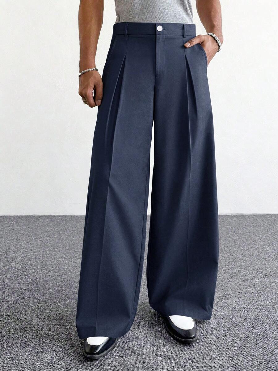 PAVTROS Pantalones anchos blancos para hombre, de corte holgado, pantalones versátiles y de moda - Azul Marino - Ver 1