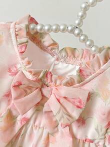 SHEIN Vestido de niña pequeña de estilo casual con estampado floral y decoración de lazo, adecuado para primavera, verano, otoño, uso en casa, vacaciones, fiestas y uso diario - Multicolor - Ver 5