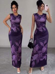 Elenzga 印花度假风圆领无袖花卉简约优雅浪漫修身喇叭下摆连衣裙（女款） - 彩色 - 查看 4