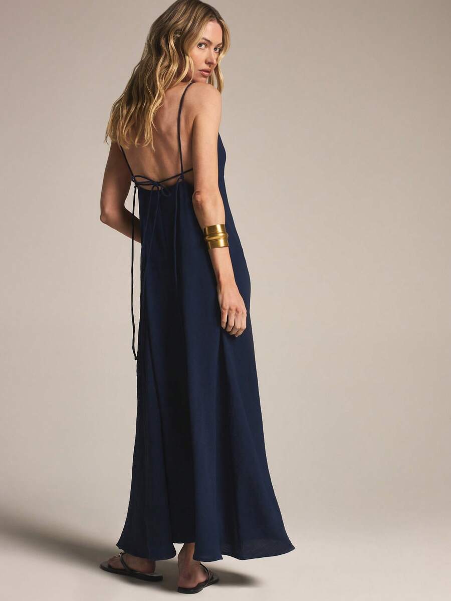 KSTM Vestido largo de verano sin mangas con detalle de cordones en la espalda, vestido de noche de piso de mujer con tirantes de color azul marino - Azul Marino - Ver 1