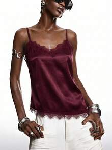 LYSMO Elegant Burgundy Summer Lace Satin Shiny Blouse,Lace Trim Camisole For Night Out Party,Graceful Women's Top,Christmas New Year Shiny Shirt - Burgundy - View 6