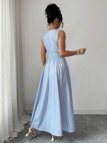 Elenzga Đầm nữ mùa hè mới, kiểu dáng thanh lịch, chất liệu cotton, phối ren tương phản, họa tiết sọc xanh dương, không tay, eo thon. - Màu xanh lam - Xem 2
