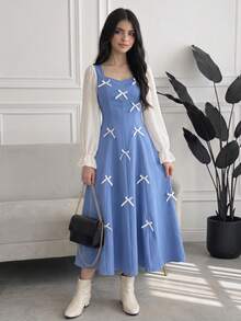 SHEIN 女童藍色方領二合一公主洋裝，雪紡泡泡袖，3D蝴蝶結裝飾，收腰A字大裙擺，復古溫柔風輕盈夏季長洋裝，甜美小眾設計，適合生日派對、度假、兒童 - 藍色 - 查看 5