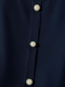 Franclia Women's Solid Color Ruffle Sleeve Round Neck Shirt, Yellow, Fashion Versatile French Style Short Pearl Button Decorated Blouse, Elegant Summer Top - Navy Blue - View 3