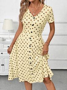 SHEIN Clasi Đầm ngắn tay cổ chữ V in họa tiết chấm bi dành cho nữ - Màu vàng - Xem 3