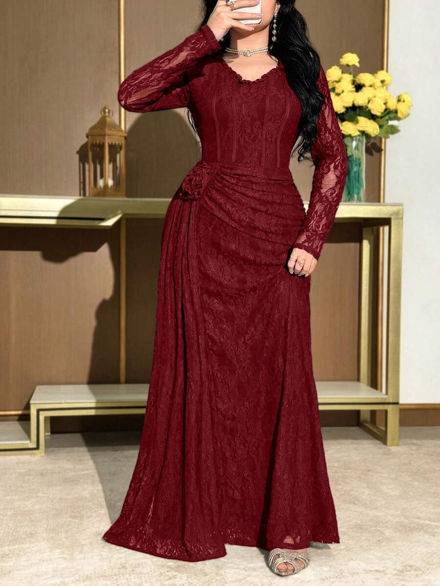 Modelyn 大码女士优雅蕾丝薄纱飘逸鱼尾裙 - 酒紅色 - 查看 1