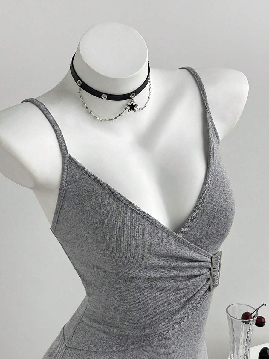 Elamini Women's Summer Versatile Metal Buckle Pleated Camisole Dress - Light Grey - View 1