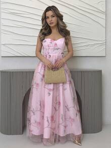 Jemour Vestido largo elegante con estampado floral de rosas sin mangas con corte evasé y ribete de volantes, vestido maxi de gasa romántico para primavera/verano y resort, estilo favorecedora para fiestas - Rosa - Ver 6