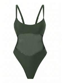 Swim  Traje de baño de una sola pieza para mujer con diseño de unicolor, tirantes, parches de malla, sexy y con recortes, estilo bohemio para festivales - Verde - Ver 4