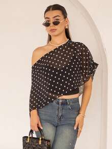 Andrea Bello Black Polka Dot Asymmetric Shoulder Mesh Blouse For Women, Spring/Summer Polkadot Top Women Summer Blouse Top Short Sleeve Top Top Summer Vacation - Black - View 6