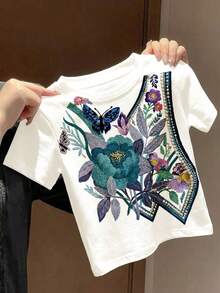 Baby Girls White Floral Summer T-Shirt, Cute Vacation Butterfly Plant Graphic Tee, Boho Pressed Wildflowers Top, Korean Style Casual Baby Girl Short Sleeve - Multicolor - View 3