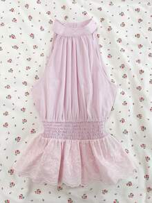 Flirla Women's Casual Fashion Everyday Versatile Party Commute Embroidered Floral Lace Patchwork Waist Gathered Sleeveless Pink Blouse, Spring/Summer - Pink - View 4