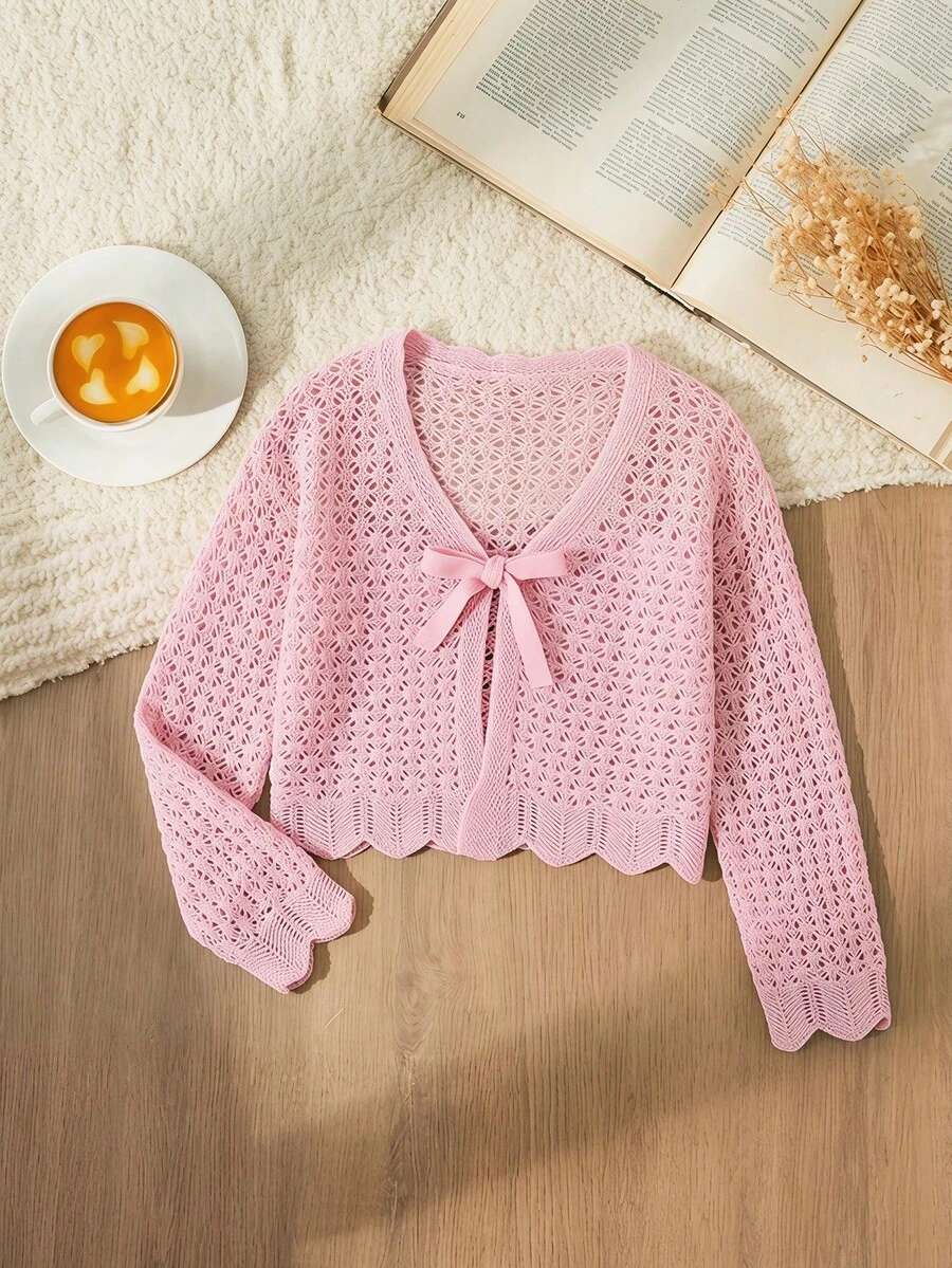 SHEIN Áo choàng dệt kim buộc vạt phía trước cho bé gái tuổi mới lớn, tay dài - Hồng - Xem 1
