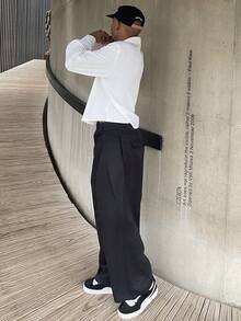 Ngobest Haus Ngobest Haus Men's Solid Color Casual Pleated Wide Leg Pants - Black - View 4