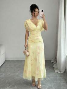 Elenzga Vestido de malla rosa claro con estampado de peonía con forro, adecuado para eventos formales, fiestas, citas de San Valentín para edades de 20 a 35+ años (estampado floral aleatorio) - Amarillo claro - Ver 1