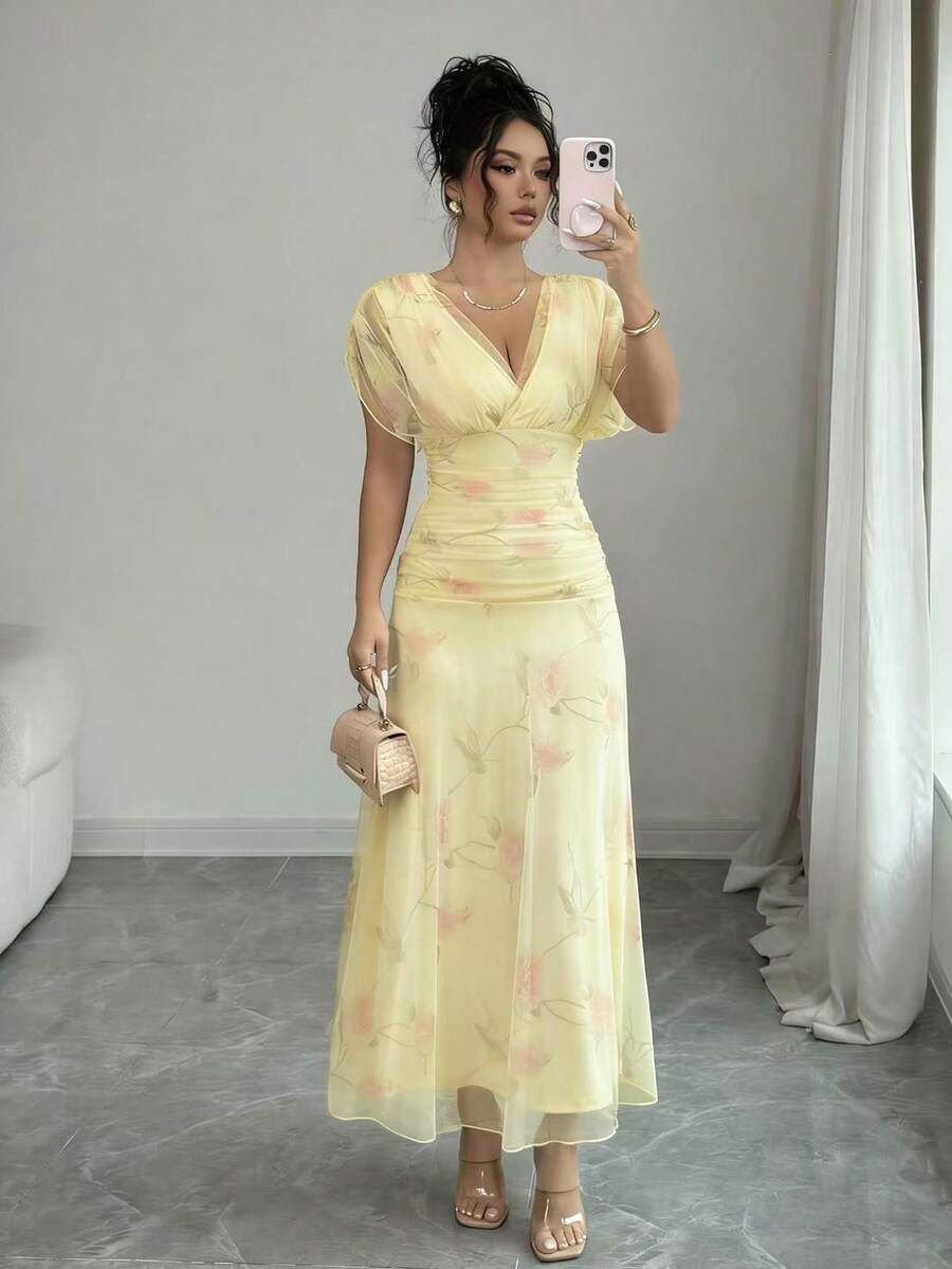 Elenzga Vestido de malla rosa claro con estampado de peonía con forro, adecuado para eventos formales, fiestas, citas de San Valentín para edades de 20 a 35+ años (estampado floral aleatorio) - Amarillo claro - Ver 1