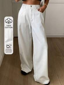 Livesso Women's White Washed Casual Pants, Loose Fit Business Casual Style, Straight Leg Trousers, Suitable For Spring And Summer - White - View 5