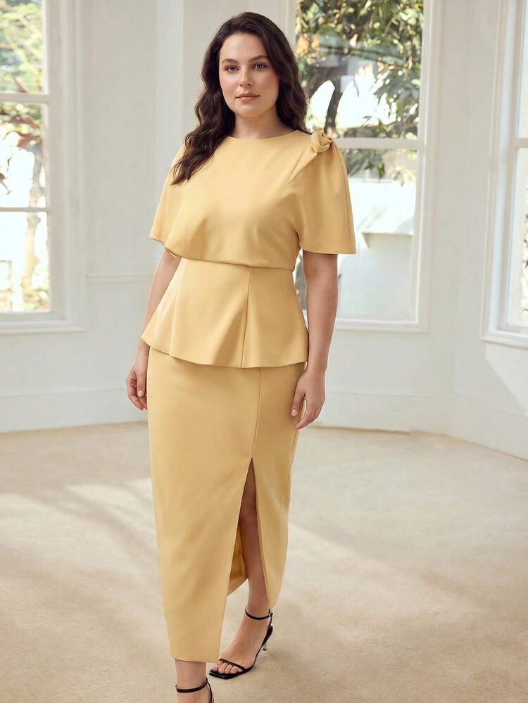 PLUS SIZE WOMEN'S 3D FLORAL DECOR TOP AND SPLIT SKIRT 2-PIECES SET, ELEGANT AND FITTED